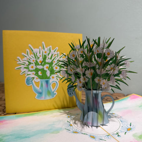 Pop-up kaart met margrieten in een gieter